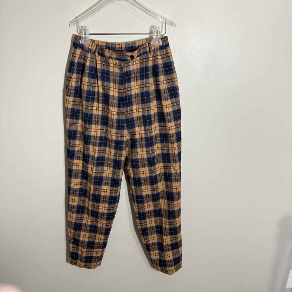 Vintage PENDLETON Women Plaid Wool Pants Size 10 Tan Blue Straight Leg High Rise